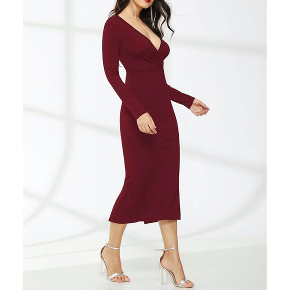 Maroon V Neck Long Sleeve Midi Dress - Picture 4 of 5